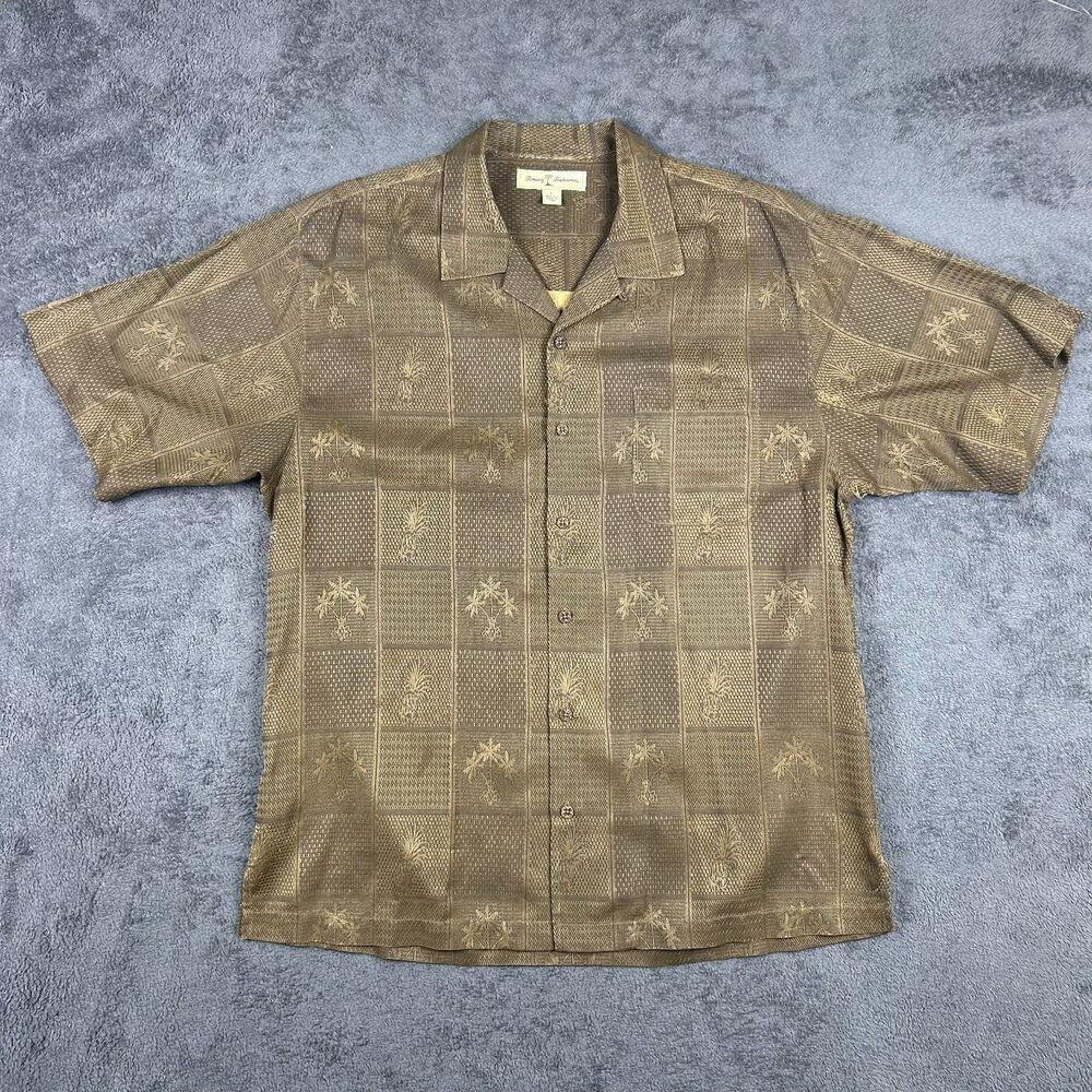 Tommy Bahama Shirt Men's Large Brown 100% Silk Button Up Floral Hawaiian